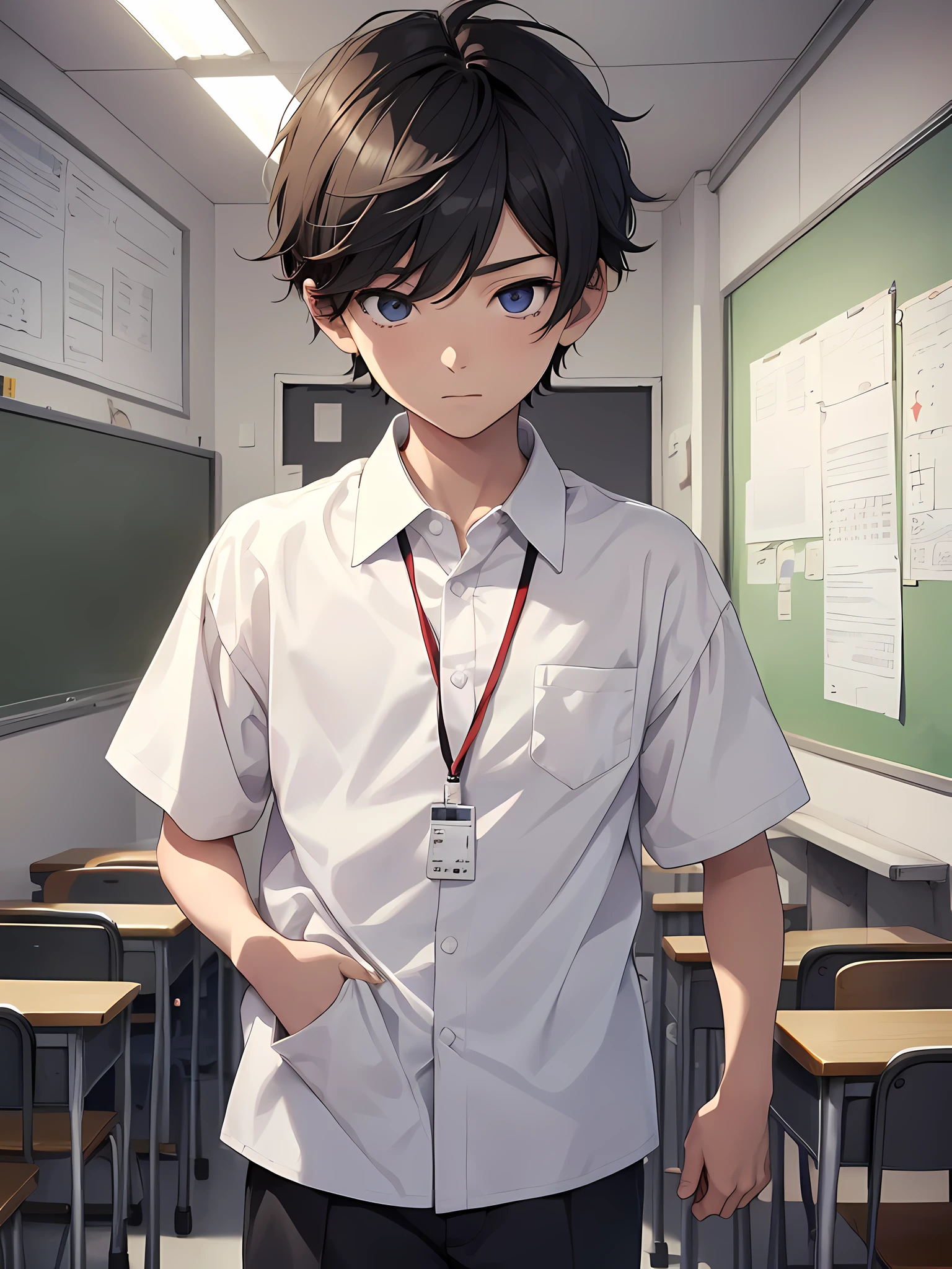 1boy, young male, age 12, solo, detailed eyes, masterpiece, (UntuckedShirt:1.2), student, White long shirt, short sleeves, long black pants, wearing lanyard, full body, classroom, school, anime, line art anime