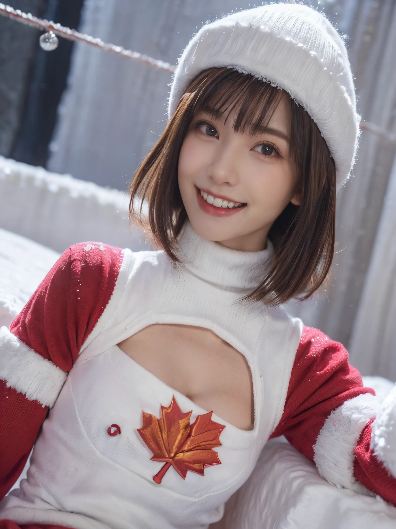 (masutepiece:1.4, Top Quality、An attractive adult beauty with a really cute smile:1.4、Add intense highlights to your eyes:1.4、Look straight into the camera、Put your right hand on your chest、A beautiful woman full of adult charm:1.4),1girll, 独奏, light brown shiny hair, muffler,Santa Claus hat:1.4,realisitic, looking looking at viewer, brightly colored crystal sky blue eyes:1.4, short shiny hair, (((Santa Claus star neck knit)))、 (((A red and white Santa Claus costume with a turtleneck and a round hole in the center of the chest...:1.4))),Sexy red with a round hole in the center of the chest....... &Amp; white turtleneck knit sweater.:1.4、 s lips, lipgloss:1.4,bangss, The upper part of the body、large eyes、eyeslashes、The face is a little red:1.4、embarrassing)、((Canada'street lined with winter trees:1.4))、((Short bob haircuts for brunettes with bangs.......、large eyes、Add super powerful highlights for your students.:1.4、{bulky|Big|bulky|Mega} pectorals:1.4、very big bust、staring the viewer、Very beautiful beauty、Blow your ears:1.4、long neck:1.4、little smile、beautiful teeth、Open your mouth and smile:1.4))、28 years old:1.4、Super cute supermodel:1.4、