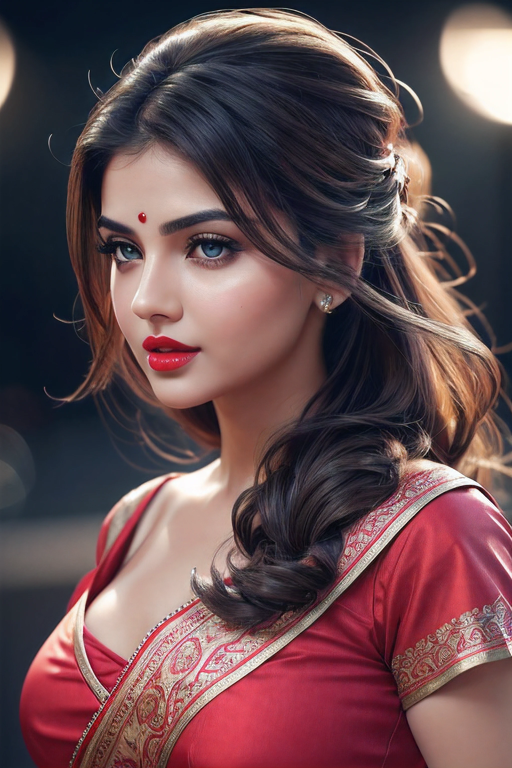 big boobs, night bokeh effect background, perfect pink eyes, fantastic face, Indian, beautiful look, ((red lips, bright eyes, curve heir 1.5)), ((beautiful details body)), A glorious gorgeous, glorious gorgeous face, pretty face, bright eyes, detailed elegant printed shirt, updo elegant hair, blurred gray tones background, ultra focus, face ilumined, face detailed, 8k resolution, painted, dry brush, brush strokes,