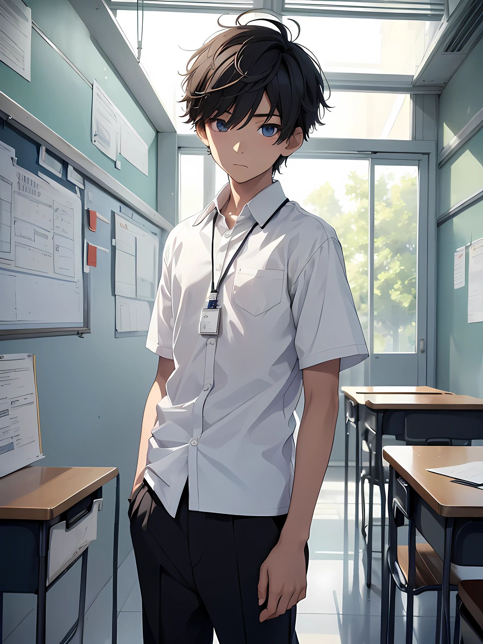 1boy, young male, age 12, solo, detailed eyes, masterpiece, (UntuckedShirt:1.2), student, White long shirt, short sleeves, long black pants, wearing lanyard, full body, classroom, school, anime, line art anime