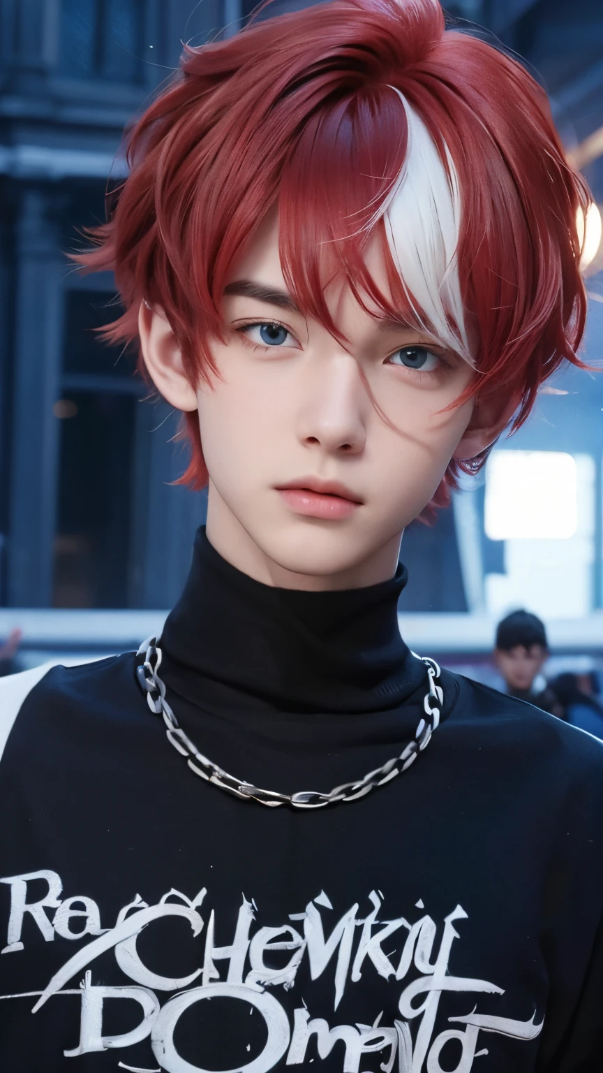 A teenage boy with realistic red and white hair, (same realistic hairstyle), realistic handsome face, realistic cool expression, adapts equally realistic clothes,realistic light, realistic shadows, realistic background, good image quality, very good image results, 4k, ultra detailed, realistic