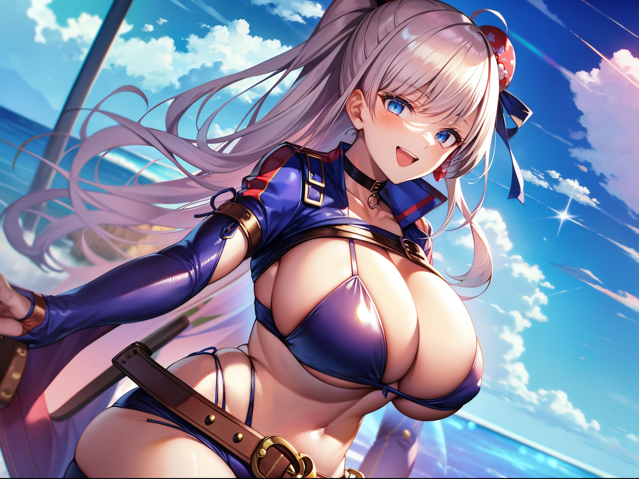 masutepiece, Best Quality, High resolution,Berserker 2, Flag pattern suit, 1girl in, huge long breasts, Naughty big、Big breasts emphasis, Solo, Long hair, Sword, skyporn, Open mouth, Smile, Looking at Viewer, Blue sky, day, cloud, Holding, ocean, Belt bag,