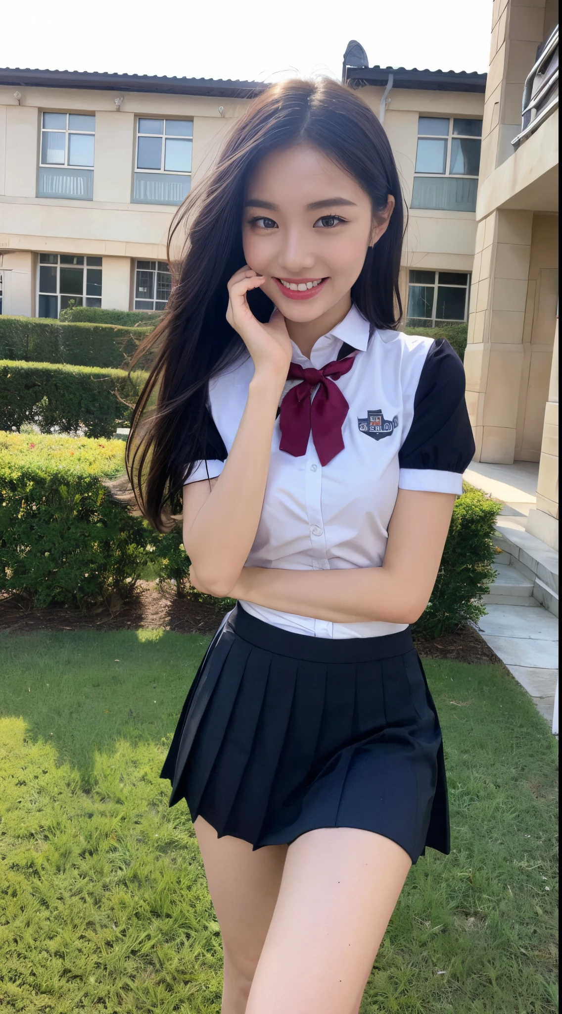 (((full bodyesbian)))、((school uniformss))、((１person))、close to the subject...、((mini-skirt))、(((school building)))、(((ssmile)))、(((girls high school)))、((Extraordinary beauty))、((sexy poses))、Photorealcitic、Beautiful detailed eyes、hyper-realism、High contrast、ultra-HD、Realistic Skin Textures、The highest image quality、Top  Quality、超High resolution A、Fine details、Very meticulously