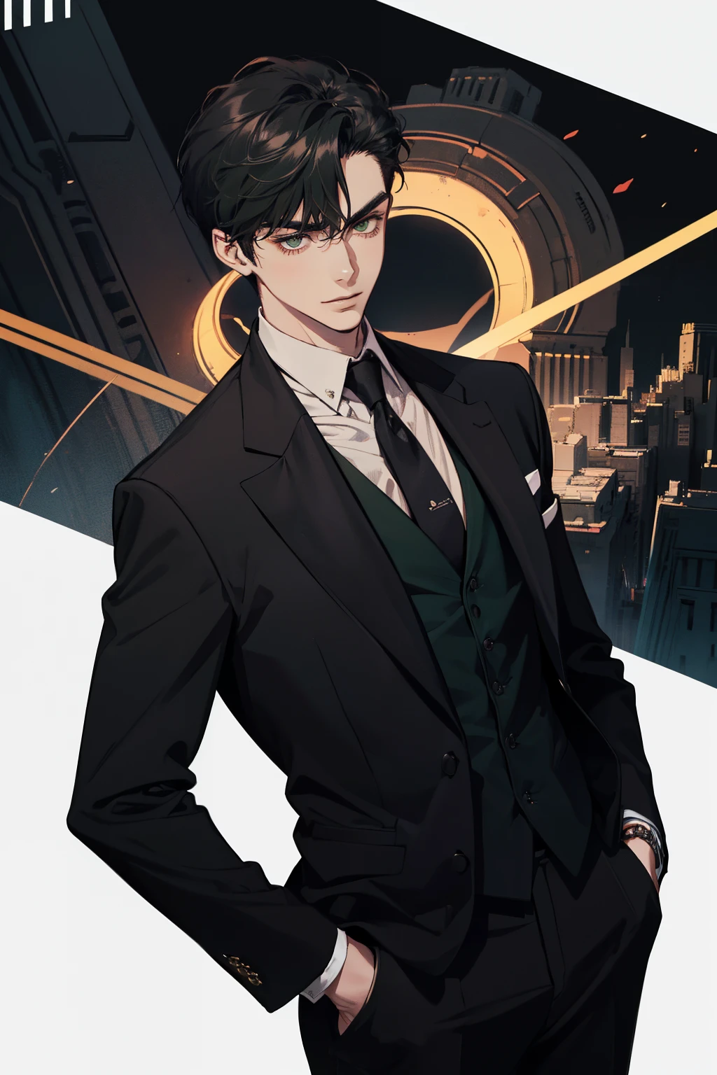 ((a young man in a black suit and tie)), taken in the early 2020s, gotham, alejandro, he looks very sophisticated, ((one side swept bang black short hair)), (dark green eyes and thick eyebrows), smirk. ((20 years old)), ((Black suite and black tie)), masterpiece, posture dynamic