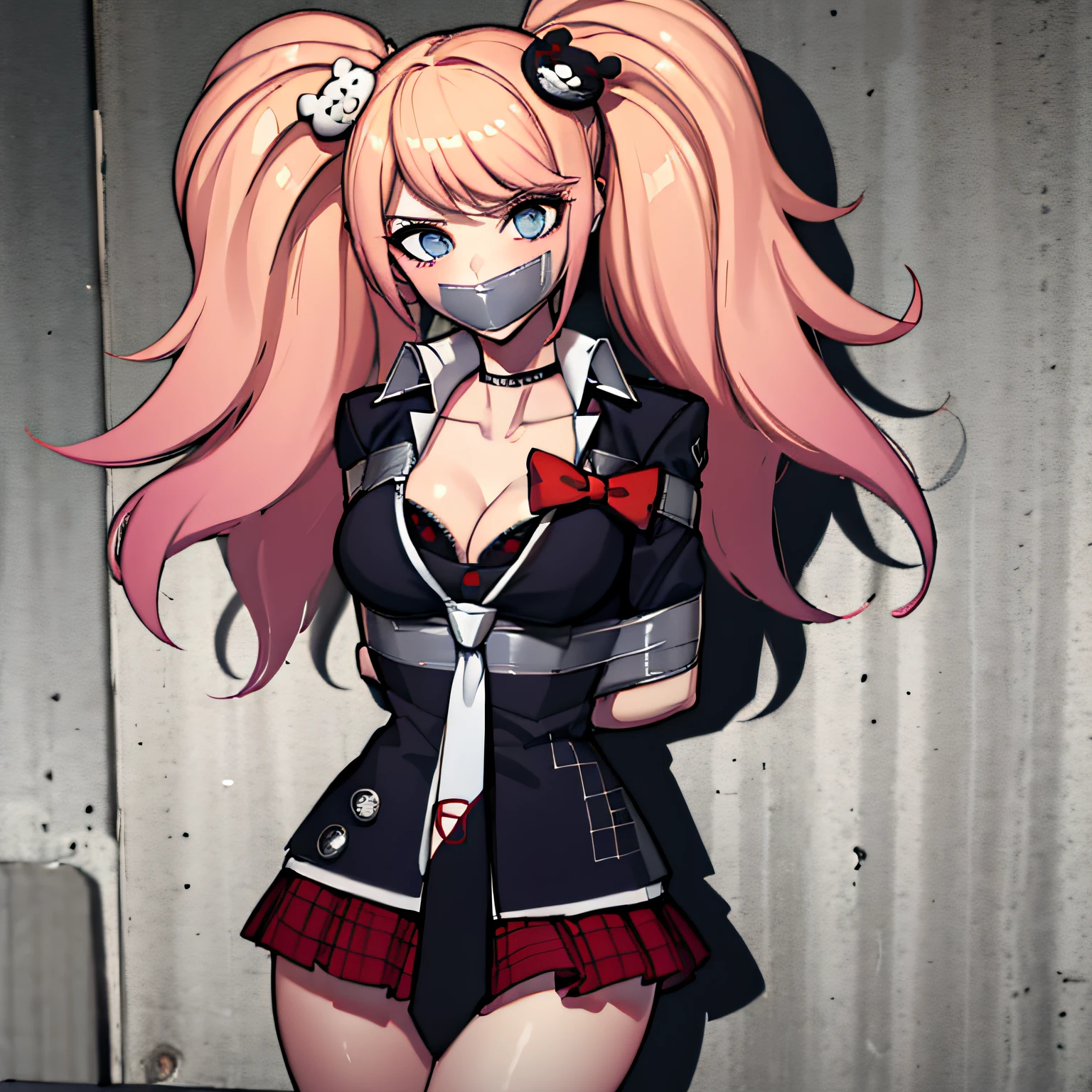 (absurdres, 8k, 4k, masterpiece, hyper extreme detailed:1.2), solo, front view portrait, best quality, portrait, solo, adult, cowboyshot, perfect anatomy, 1girl, perfect face, expressive eyes, perfect eyes, t-shirt, standing up, standing against wall, standing, junko enoshima, long hair, 1girl, hair ornament, twintails, solo, breasts, blue eyes, cleavage, bow, bear hair ornament, necktie, blonde hair, smile, bangs, large breasts, looking at viewer, collarbone, shirt, nail polish, red bow, black shirt, underwear, bra, skirt, choker, black bra, sleeves rolled up, white necktie, hands behind back, pleated skirt, red skirt, miniskirt, upper body, school uniform, pink hair, boots, plaid skirt, blush, plaid, wind, windy, windy hair, moving hair, moving outfit,  bound, bondage, (arms behind back:1.4), bdsm, tape gag, tape, tape bondage, close-up, restrained, best anatomy, half body, taped thighs, taped legs, legs together, tape wrapped, wrap gag, tightly bound, tape wrapped around face,