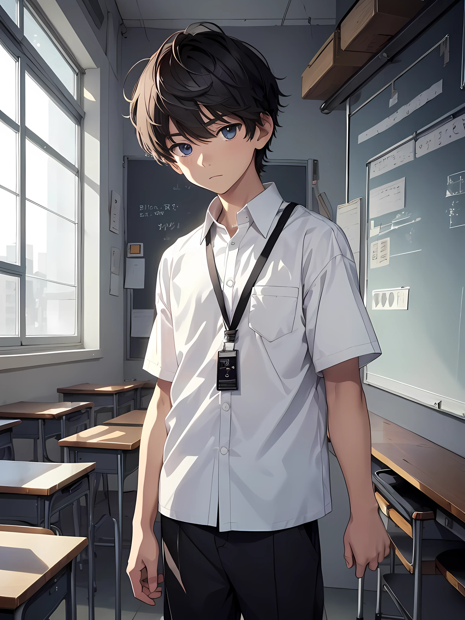 1boy, young male, age 12, solo, detailed eyes, masterpiece, (UntuckedShirt:1.2), student, White long shirt, short sleeves, long black pants, wearing lanyard, full body, classroom, school, anime, line art anime