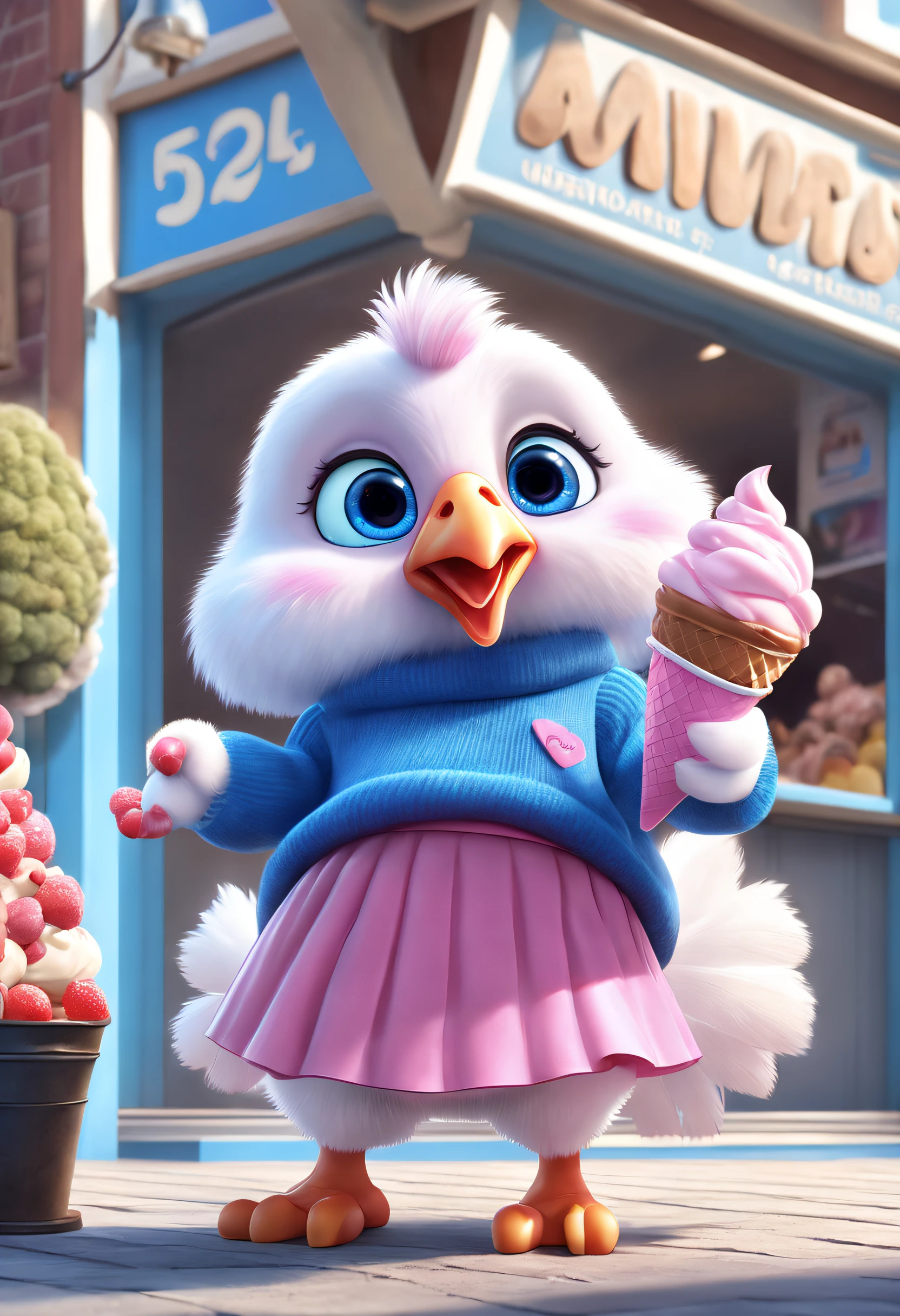 Brand advertising, Creative poster, Cute turkey wearing blue sweater and pink skirt, pixar ice cream, 3Drenderingof, Focus sharp, ultra-realistic realism, Fluffy, fantasy engine, 5 quality rendering, 3 Rendering, furry art,