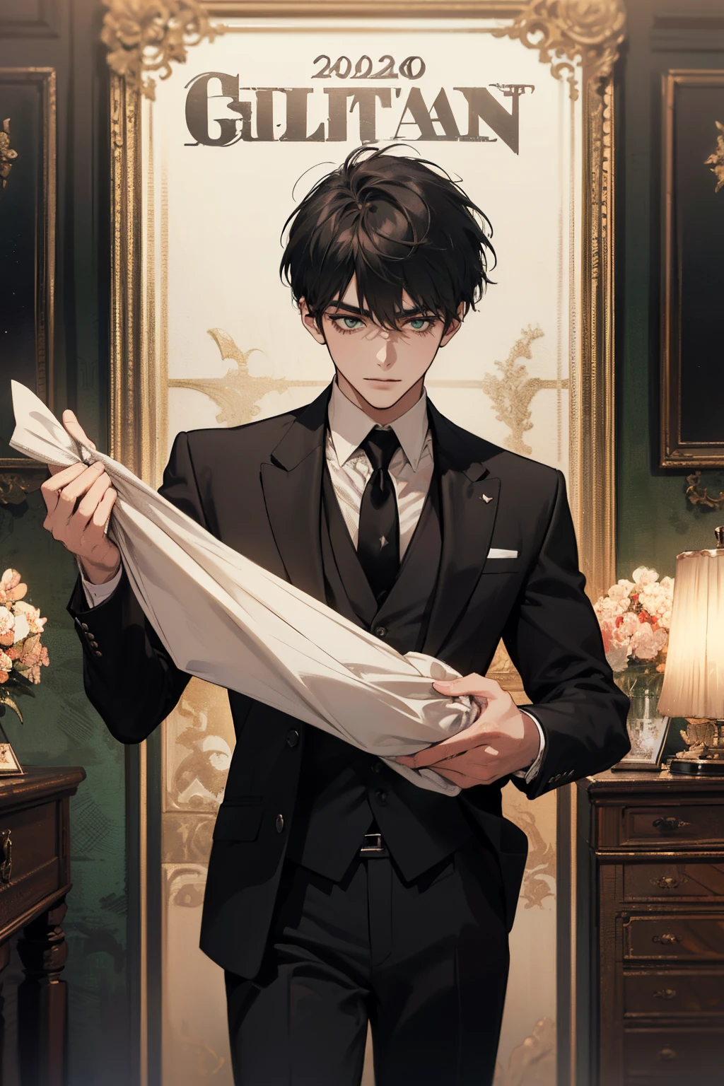 ((a young man in a black suit and tie)), taken in the early 2020s, gotham, alejandro, he looks very sophisticated, (((left side swept bang black short hair))), (dark green eyes and thick eyebrows), smirk. ((20 years old)), ((Black suite and black tie)), masterpiece, posture dynamic