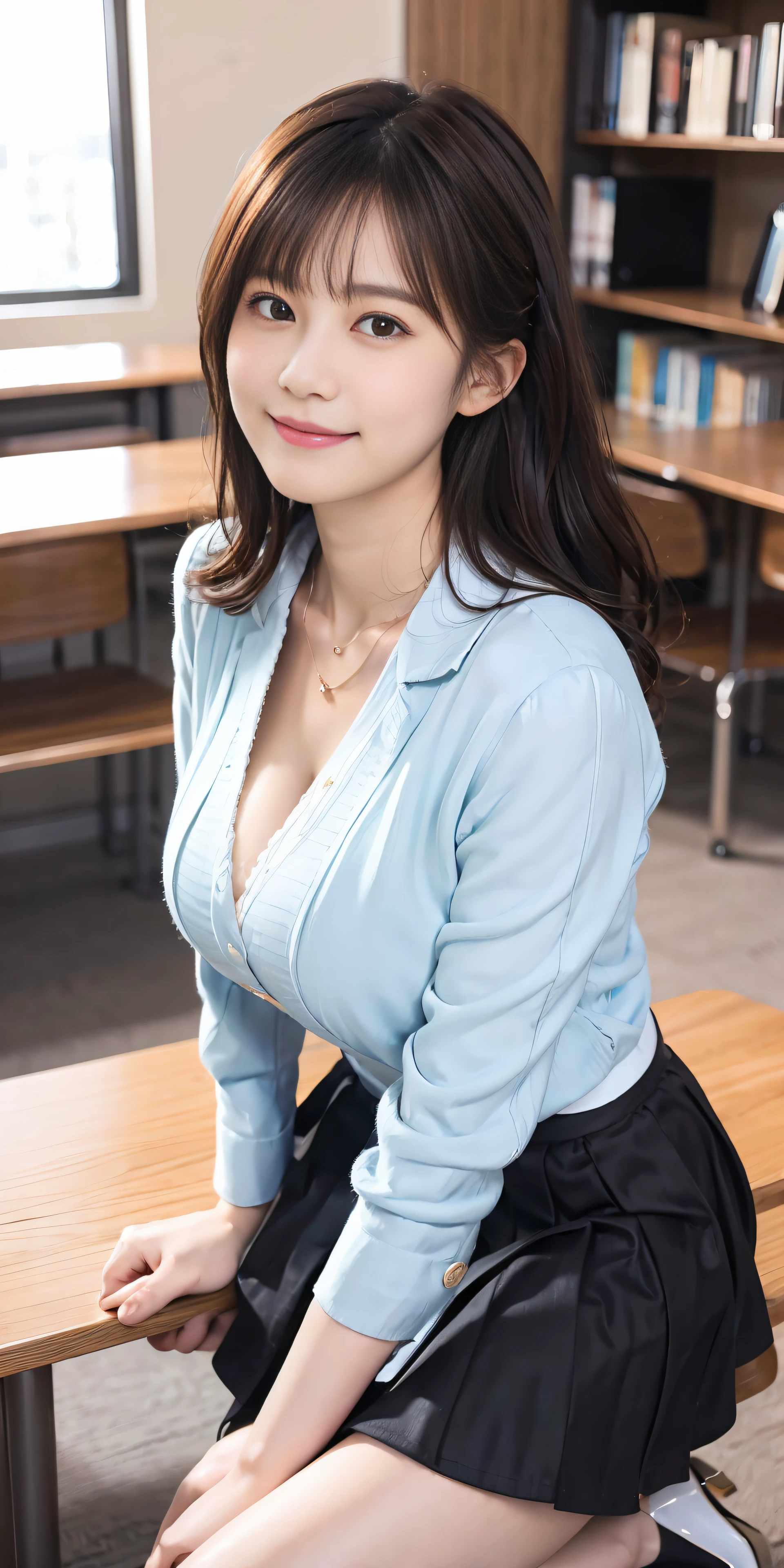 top-quality、Top image quality、masterpiece、governess、25 years old women, Black wavy hair、short-hair、bangss、Long sleeve white shirt with collar, Puffy nipple、Light blue long flared skirt, Medium milk, cute smile face、Face of shame、Shake your head、high-heels、sexy pose、Big necklace、耳Nipple Ring、Inside the library、sit a chair、Look up at the other person、cleavage of the breast