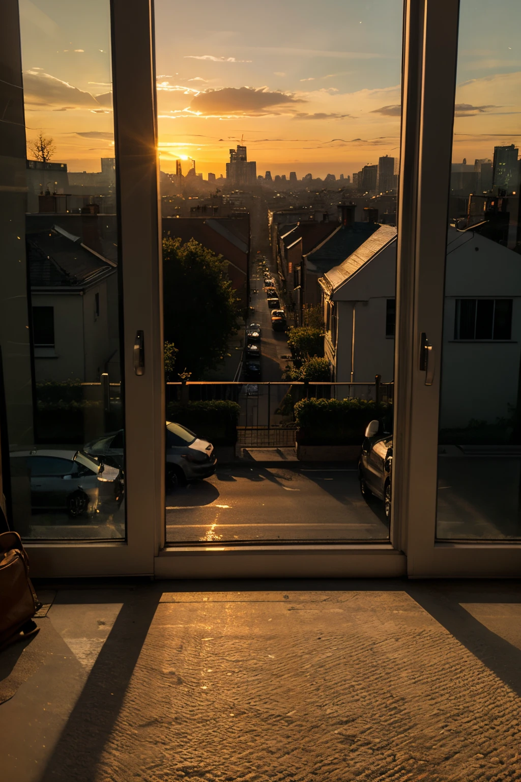 In a window in the city, a cozy and warm feeling. Outside the window, a road, the evening rush hour, and a sunset.