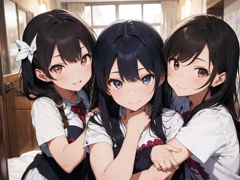 ((Highest quality)), ((masterpiece)), (detailed),Perfect Face,Strong light from the front,With front light,A group of junior high school students living in their underwear in a girls' dormitory at a boarding school,