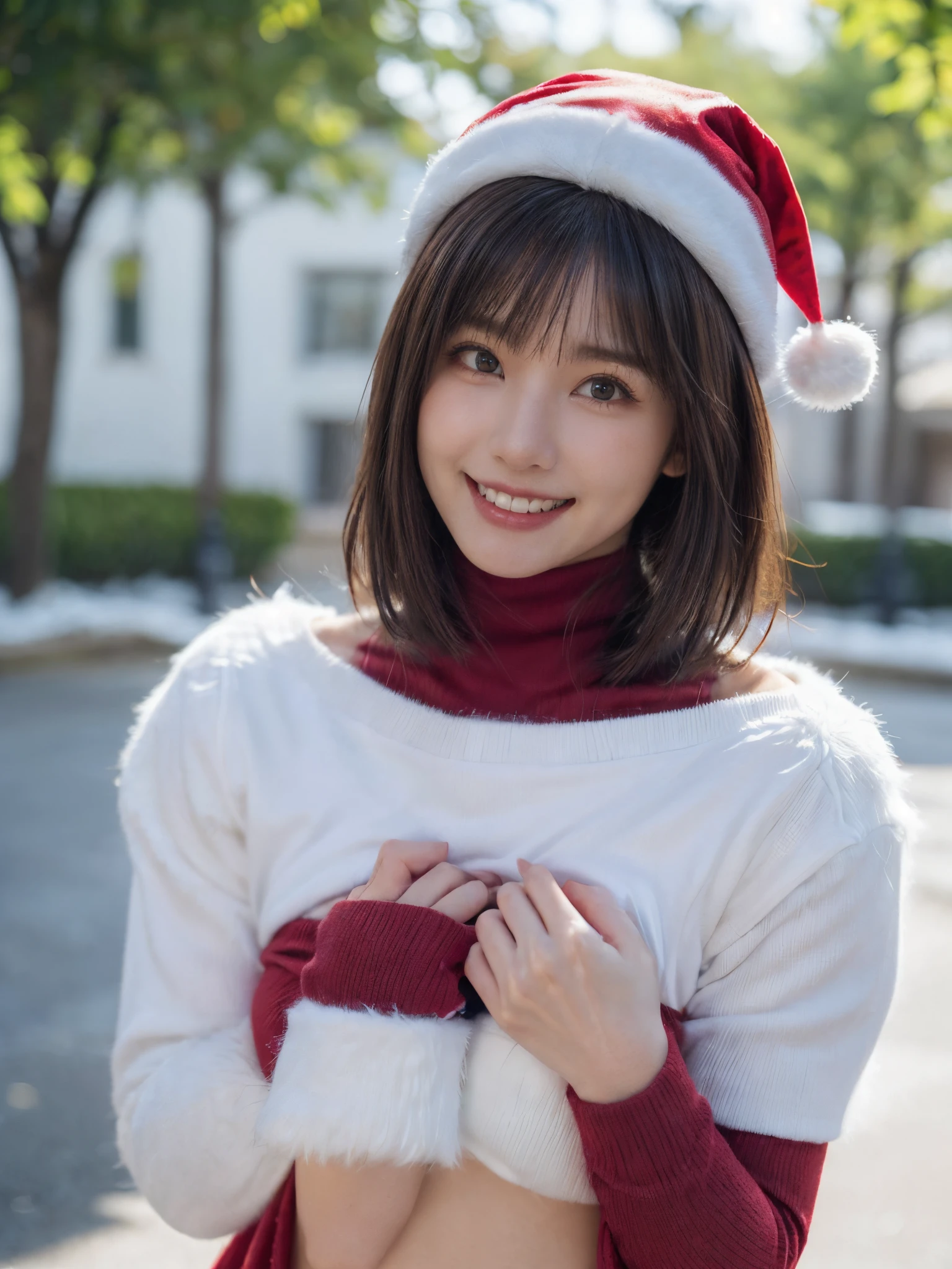 (masutepiece:1.4, Top  Quality、An attractive adult beauty with a really cute smile:1.4、Add intense highlights to your eyes:1.4、Look straight into the camera、Put your right hand on your chest、A beautiful woman full of adult charm:1.4),1girll, 独奏, light brown shiny hair, muffler,Santa Claus hat:1.4,realisitic, looking looking at viewer, brightly colored crystal sky blue eyes:1.4, short shiny hair, (((Santa Claus star neck knit)))、 (((A red and white Santa Claus costume with a turtleneck and a round hole in the center of the chest....:1.4))),Sexy red with a round hole in the center of the chest........ &Amp; white turtleneck knit sweater.:1.4、 s lips, lipgloss:1.4，bangss, The upper part of the body、large eyes、eyeslashes、The face is a little red:1.4、embarrassing)、((Canada&#39;street lined with winter trees:1.4))、((Short bob haircuts for brunettes with bangs........、large eyes、Add super powerful highlights for your students.:1.4、{bulky|Big|bulky|Mega} pectorals:1.4、very big bust、staring the viewer、Very beautiful beauty、Blow your ears:1.4、long neck:1.4、little smile、beautiful teeth、Open your mouth and smile:1.4))、28 years old:1.4、Super cute supermodel:1.4、