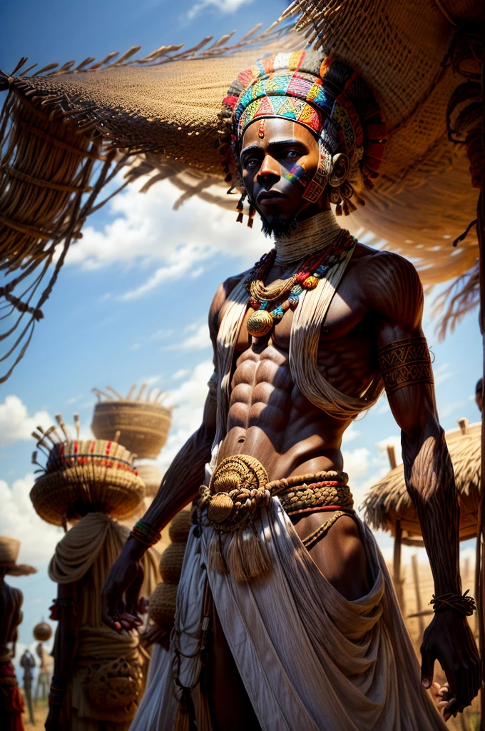 an male orisha made by straw, with no face ((his all body covered with straw)), covered with straw and wearing a straw garment that wraps around his whole body, ((full body of straw)), only the arms are left out, Umbanda deity known as Obaluaie ((omolu)), (( Candomblé)), African bracelets on the arms, head covered by straw headdress, in the background an african tribe, inspired by omolu, inspired by obaluae