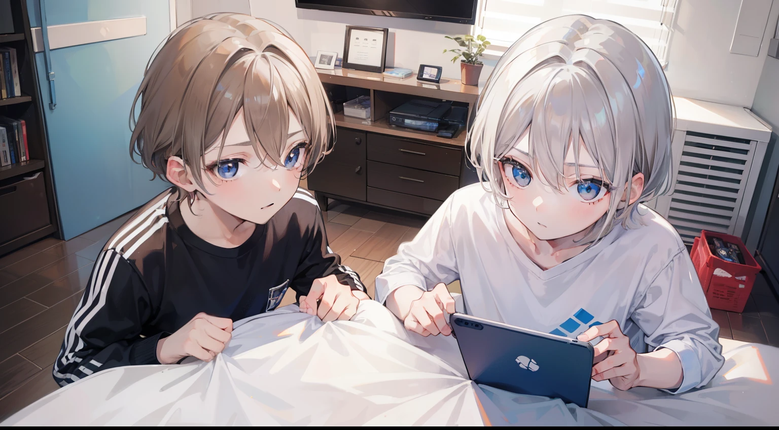 Two Boys, Silver-haired boy and brown-haired boy,Boy's room、DVR、Watching Soccer、Talking、hight resolution、ultra-detailliert