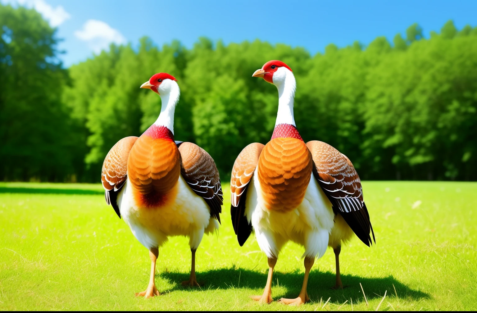 Two turkeys standing on the grass,  [ Photorealistic photos ]!!, turkey, !!Beauty!!, Scenes!!, head toward the camera, proud look,,  photos photos, modern, by Matt Stewart