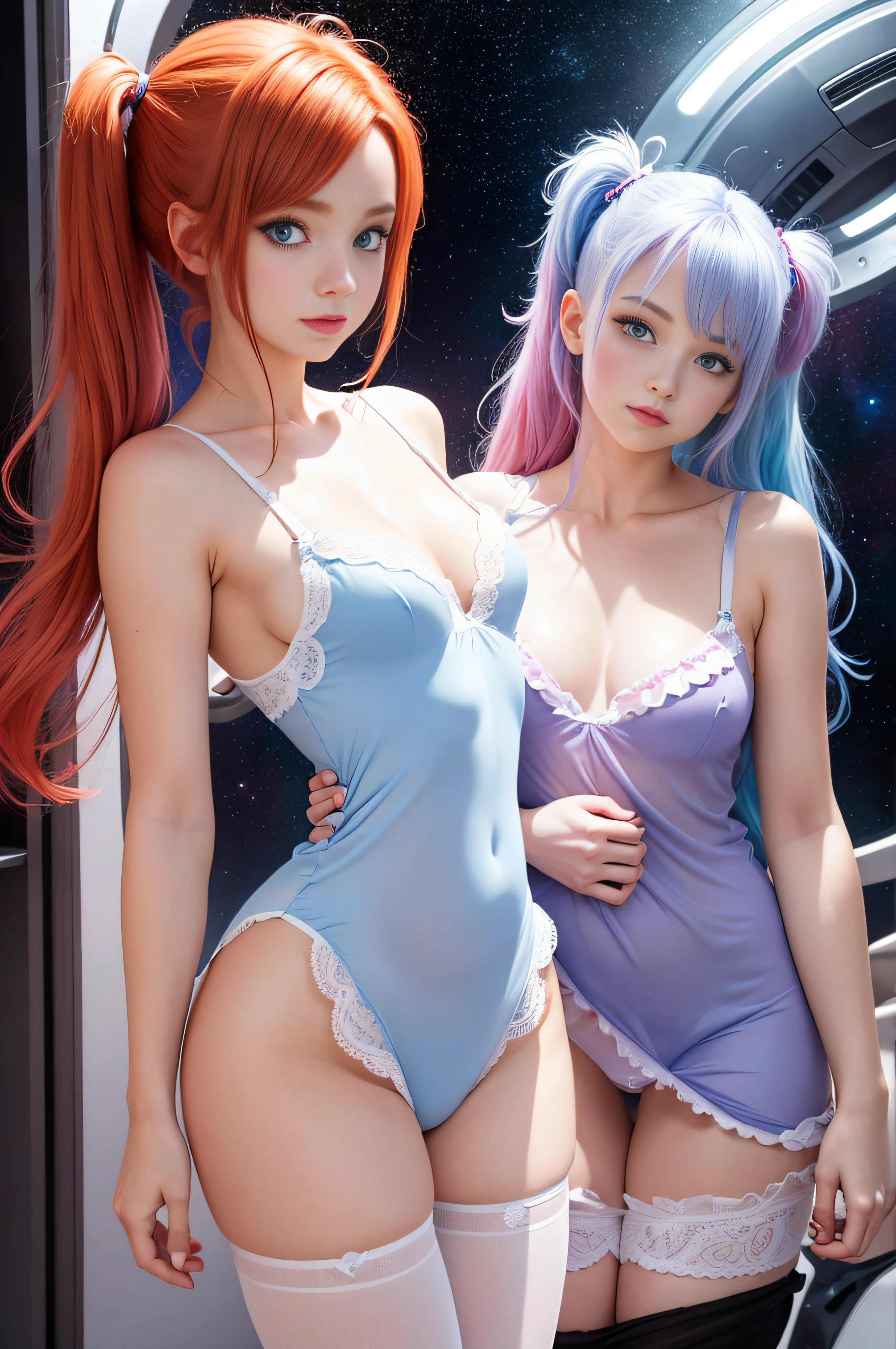 cute redhead with rainbow colored hair tips, 18-year-old woman, happy, in twin tails, perfect blue eyes, pale goth skin, silky smooth skin, standing on a space ship, deep space, dark lighting, wearing a pastel blue (sheer) nightgown, frilly nightgown, cute white panties and bra underneath her nightgown, panties showing, wearing full body pantyhose.