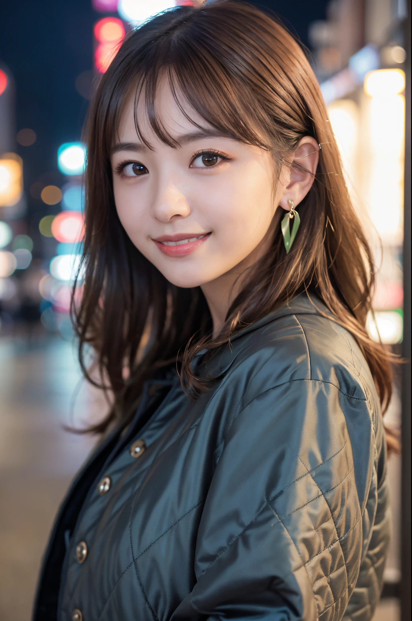 Japanese Idol ,((Cute ,Baby face:1.2)),(8K, Raw photo, ultra-detailliert, Best Quality:1.2), (Realistic, Photorealsitic:1.4), (Insanely detailed, 超A high resolution ,Beautiful, masutepiece:1.2), ,very detailed face and eyes,Shiny skin,(Upper body:1.3),Professional Lighting,Soft light, Sharp Focus, depth of fields,Medium Hair,Earring, ( Quilted jacket:1.2),(Smile:1.3),Bokeh,(Dynamic Angle:1.5),(Shibuya at night)