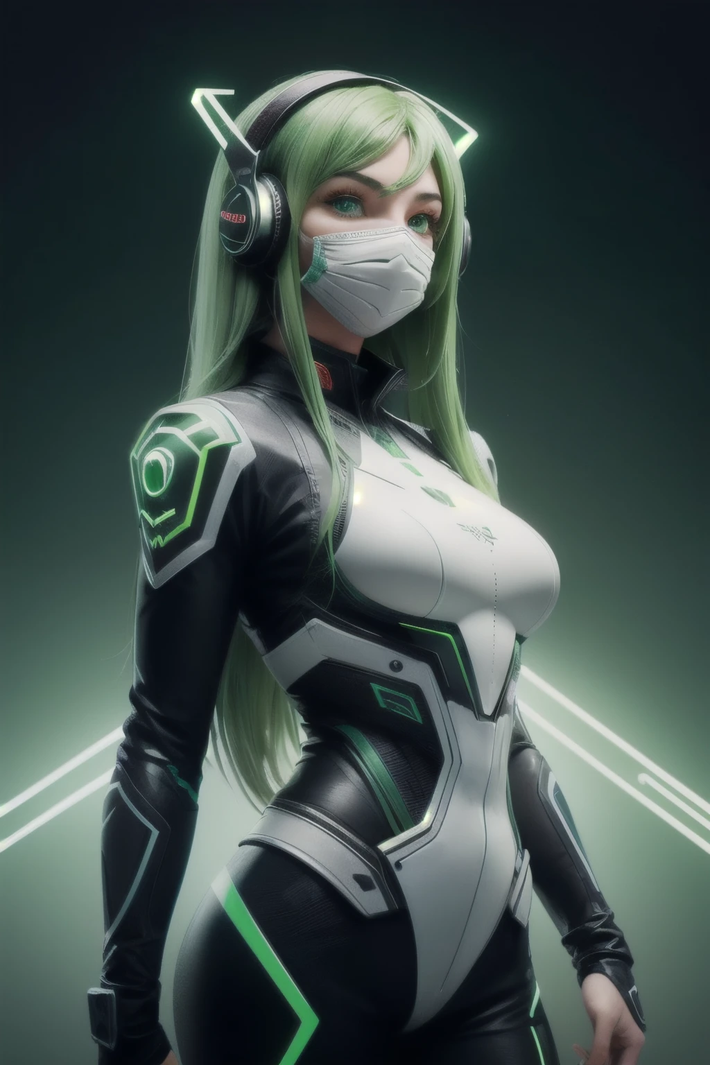 girl with long green hair, green eyes, futuristic vibes, mask on mouth, headphones, 8k, high quality, simple background, glowing eyes, nice pose