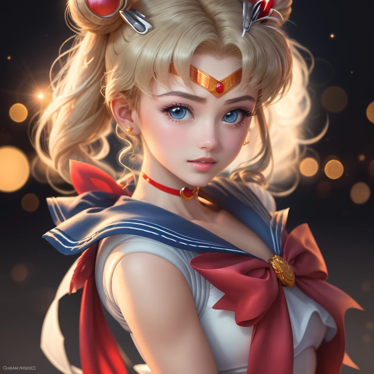 (masterpiece, best quality:1.4), (sitting on a rock:1.2), (full body:1), (from back:1), 1girl, solo, (european youth:1), aausagi, (double bun:1.5), (twintails, parted bangs, circlet, tiara with a red stone, sailor senshi uniform, jewelry, earrings:1.5), (blonde:1.2), (choker), (red bow, white gloves, elbow gloves:1.2), (blue skirt:1.2), (blue skirt:1.2) inocent smile, looking at viewer, beautifull smile, beautiful face, highly detailed face, highly detailed eyes, highly detailed skin, skin pores, subsurface scattering, realistic pupils, full face blush, full lips, detailed background, depth of field, volumetric lighting, sharp focus, absurdres, realistic proportions, good anatomy, (realistic, hyperrealistic:1.4), moon background, nightlight 16k hdr,