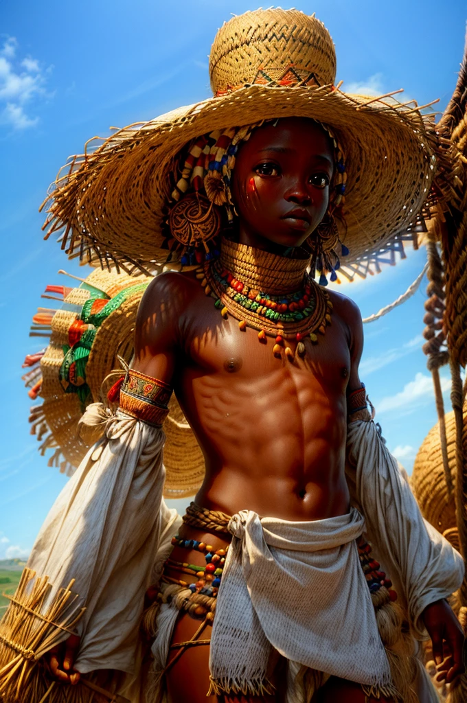 an orisha made by straw, with no face ((his all body covered with straw)), covered with straw and wearing a straw garment that wraps around his whole body, ((full body of straw)), only the arms are left out, Umbanda deity known as Obaluaie ((omolu)), (( Candomblé)), African bracelets on the arms, head covered by straw headdress, in the background an african tribe, inspired by omolu, inspired by obaluae