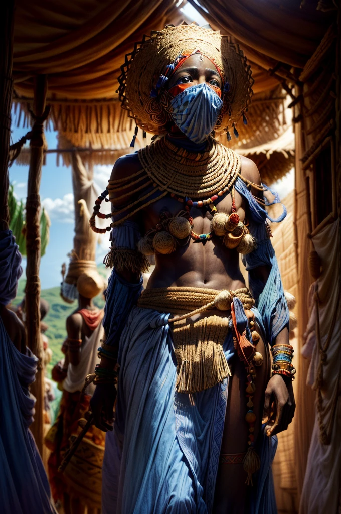 Black male Orisha with his entire body covered in straw in the middle of a desert