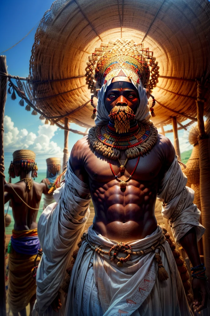 an orisha made by straw, with no face ((his all body covered with straw)), covered with straw and wearing a straw garment that wraps around his whole body, ((full body of straw)), only the arms are left out, Umbanda deity known as Obaluaie ((omolu)), (( Candomblé)), African bracelets on the arms, head covered by straw headdress, in the background an african tribe, inspired by omolu, inspired by obaluae