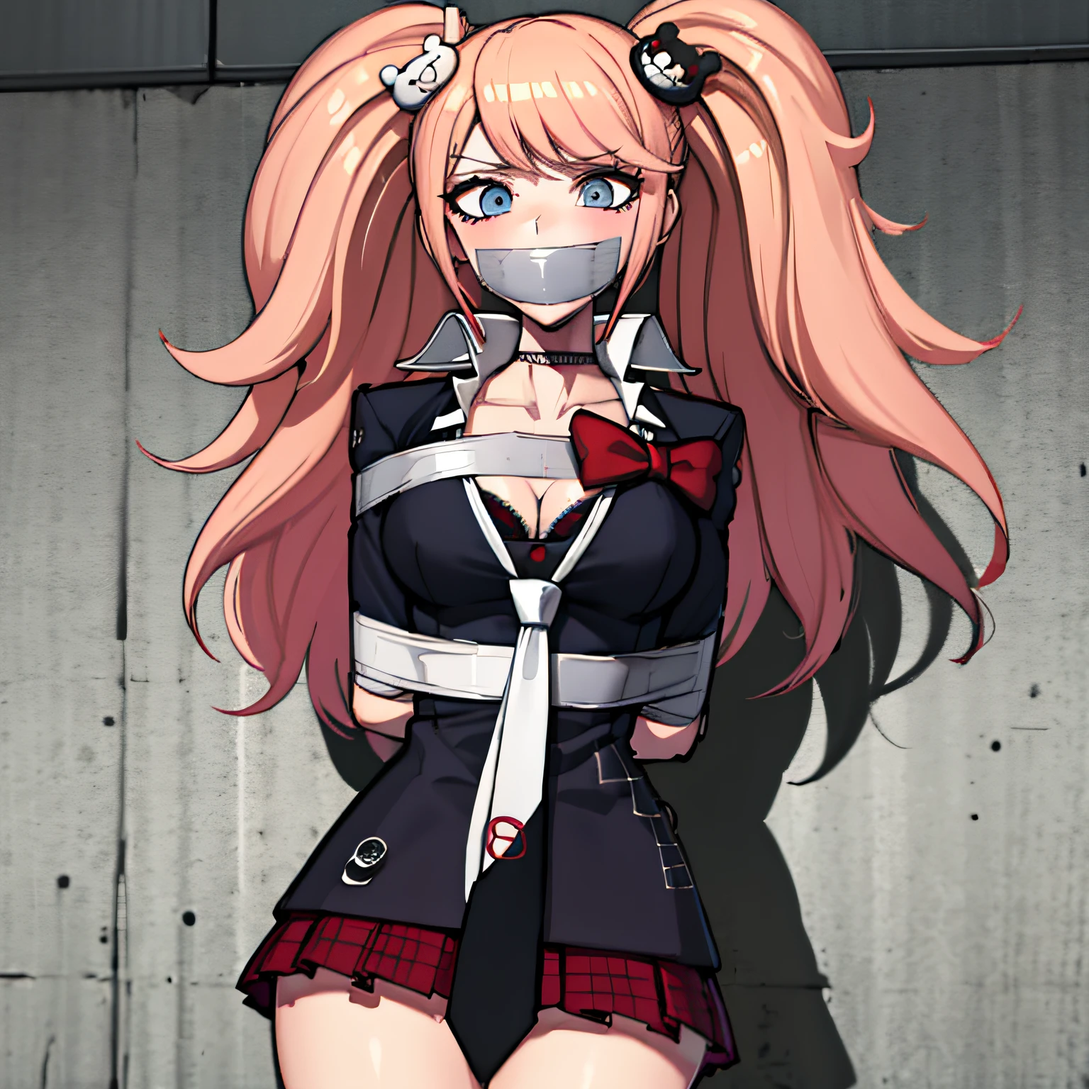 (absurdres, 8k, 4k, masterpiece, hyper extreme detailed:1.2), solo, front view portrait, best quality, portrait, solo, adult, cowboyshot, perfect anatomy, 1girl, perfect face, expressive eyes, perfect eyes, t-shirt, standing up, standing against wall, standing, junko enoshima, long hair, 1girl, hair ornament, twintails, solo, breasts, blue eyes, cleavage, bow, bear hair ornament, necktie, blonde hair, smile, bangs, large breasts, looking at viewer, collarbone, shirt, nail polish, red bow, black shirt, underwear, bra, skirt, choker, black bra, sleeves rolled up, white necktie, hands behind back, pleated skirt, red skirt, miniskirt, upper body, school uniform, pink hair, boots, plaid skirt, blush, plaid, wind, windy, windy hair, moving hair, moving outfit, bound, bondage, (arms behind back:1.4), bdsm, tape gag, tape, tape bondage, close-up, restrained, best anatomy, half body, taped thighs, taped legs, legs together, tape wrapped, wrap gag, tightly bound, tape wrapped around face, tape above breasts, tape below breasts,