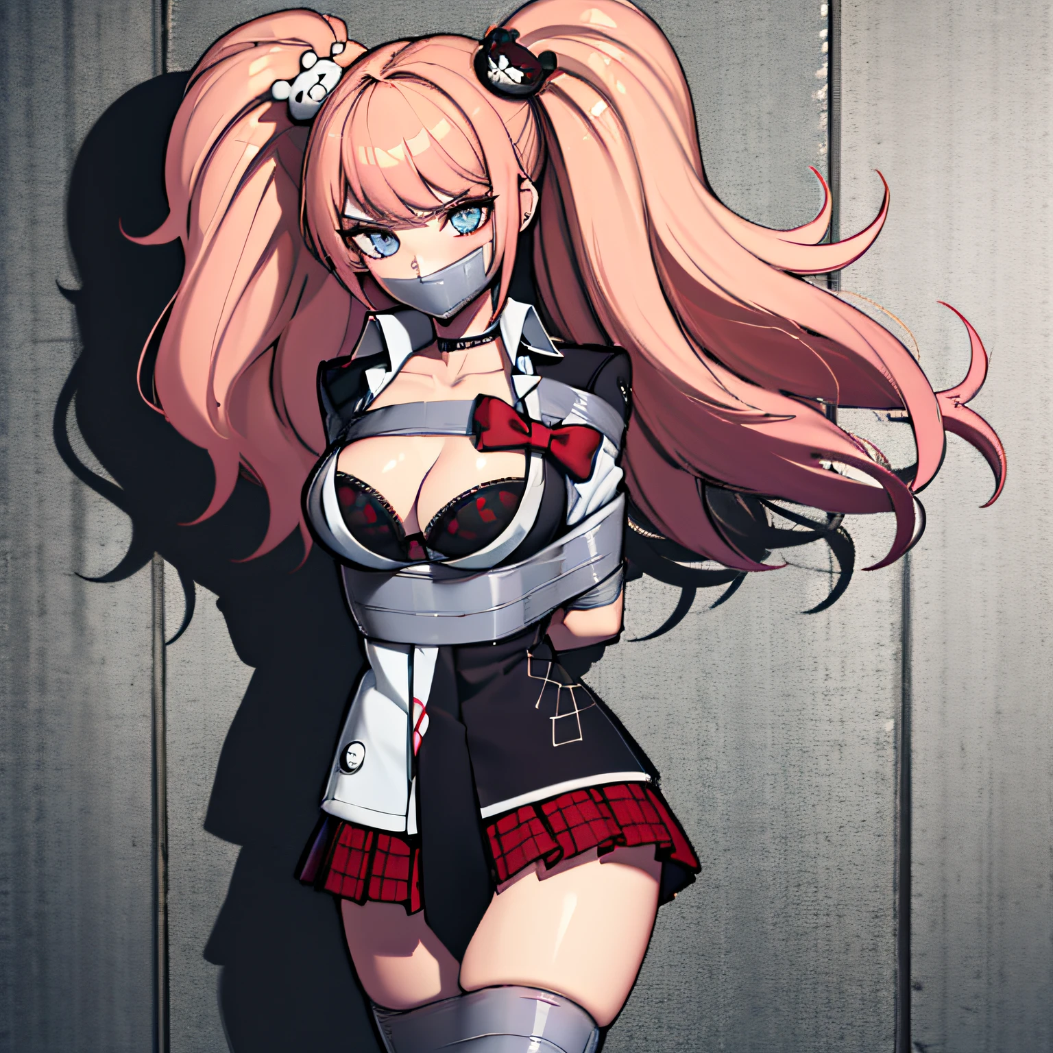 (absurdres, 8k, 4k, masterpiece, hyper extreme detailed:1.2), solo, front view portrait, best quality, portrait, solo, adult, cowboyshot, perfect anatomy, 1girl, perfect face, expressive eyes, perfect eyes, t-shirt, standing up, standing against wall, standing, junko enoshima, long hair, 1girl, hair ornament, twintails, solo, breasts, blue eyes, cleavage, bow, bear hair ornament, necktie, blonde hair, smile, bangs, large breasts, looking at viewer, collarbone, shirt, nail polish, red bow, black shirt, underwear, bra, skirt, choker, black bra, sleeves rolled up, white necktie, hands behind back, pleated skirt, red skirt, miniskirt, upper body, school uniform, pink hair, boots, plaid skirt, blush, plaid, wind, windy, windy hair, moving hair, moving outfit,  bound, bondage, (arms behind back:1.4), bdsm, tape gag, tape, tape bondage, close-up, restrained, best anatomy, half body, taped thighs, taped legs, legs together, tape wrapped, wrap gag, tightly bound, tape wrapped around face, tape above breasts, tape below breasts,