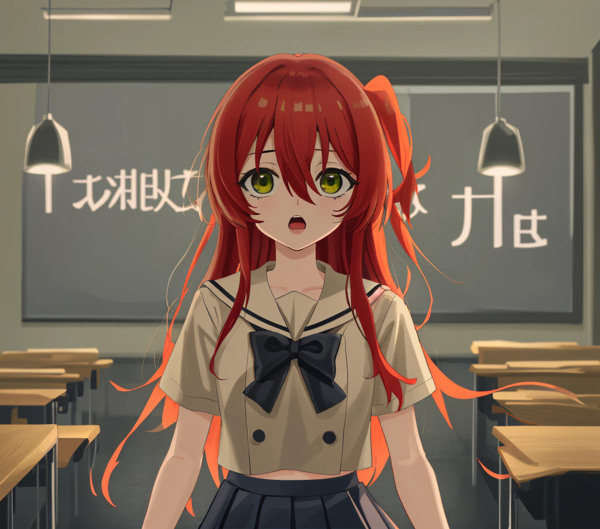 kitaikuyo, ikuyo kita, (green eyes:1.5), hair between eyes, long hair, one side up, red hair, (flat chest:1.2),
BREAK black footwear, black skirt, grey sailor collar, pleated skirt, sailor collar, school uniform, shoes, short sleeves, shuka high school uniform, skirt,,
BREAK looking at viewer,
BREAK indoors, classroom,
BREAK (masterpiece:1.2), best quality, high resolution, unity 8k wallpaper, (illustration:0.8), (beautiful detailed eyes:1.6), extremely detailed face, perfect lighting, extremely detailed CG, (perfect hands, perfect anatomy),up chest.big breasts.Sad face.open mouth.