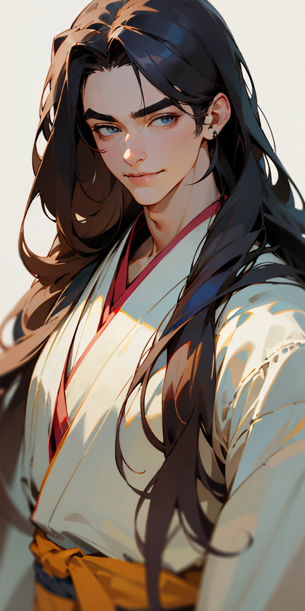 Masterpiece, Excellent, (realistic), 1 male, adult, handsome, (long hair: 1.4), silky long hair, Hanfu, fine eye and face portrayal, portrait, upper body, angular face, thick eyebrows, gentle smile, pure white background, 8k