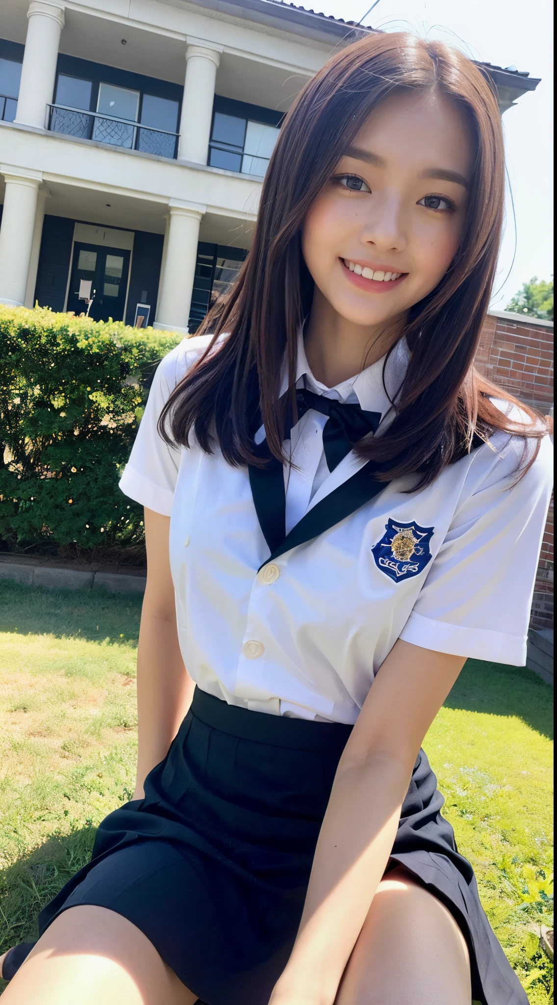 (((32k,high detal,high-detail、masterpiece,Attention to detail,full body Esbian,独奏))),Raw photo & realistic atmosphere,beautiful dark blue eyes,Detailed mouth,Glossy lips,Detailed eyebrows,Eyes drawn in detail with soft white skin that shines with every detail、azure eyes,Very beautiful eyes,Detailed lips、Very beautiful face,Very well-formed face、Lifelike face,shiny beautiful lips, Realistic Young Gravure Idol, very beautiful school girl, , Young gravure idols, Young Gravure Idol, Beautiful and very cute mature16 year old schoolgirl,the whole body is wet,dripped out,with a flushed face,Incredibly beautiful, Sexy and classy16-year-old girl,semi-long brown shiny hair,wetting hair,Fine water droplets shining on hair,(Looking at the camera:1.4),、a park、(A sexy,Healthy toned body,HDT Vision Japan HDT Vision Black HDT Vision Black HDTV Uniform,well-shaped breasts that are slightly larger,,,Mature body, I'm anxious and about to cry,Moist eyes,cold smile,glareing,The sparkling face is also beautiful,High-resolution arm,,high-definition fingers,:1.5),(The chest of the uniform opens sexyly,Wearing black pantyhose、Sit with your feet on,High school girl in elegant black and blue uniform sitting upright、Lifting the skirt in embarrassment:1.8)、エロ、show breast、barechested