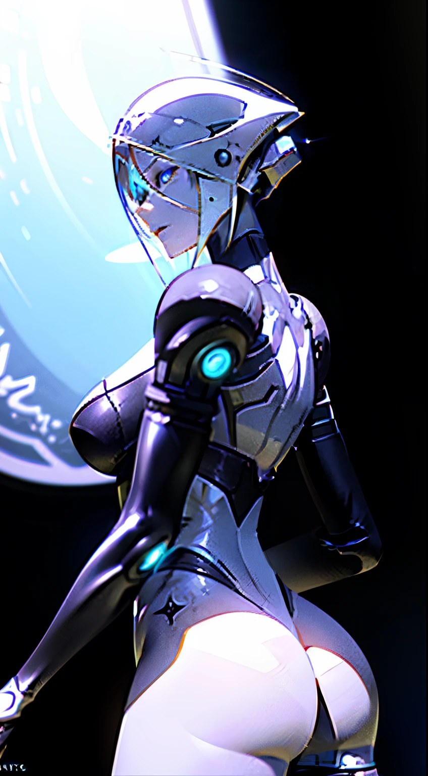 Complex 3d rendering ultra detailed beautiful porcelain profile female android face、Cyborg、Armor equipment、robot parts、150 mm、Beautiful Studio Soft Lights、Rim Light、Vivid details、Luxury Cyberpunk、Lace、surrealistic、Anatomical、facial muscles、cables electric wires、Microchip、elegantly、a beautiful background、Octane render、HR Giger Style、8k、BEST QUALITY、A Masterpiece、A illustration、Extremely Delicate and Beautiful、Highly detailed、CG、Unification、wallpapers、(lifelike、photorealistic:1.37)、fantastic、finely detailed、A Masterpiece、BEST QUALITY、Official Art、Highly detailed CG unity 8k wallpapers、Absurdres、Incredibly absurd、a robot、Silver Halmet、((standding, Very y asstooping forward、))、from back((upper Body))、NIGHT、Ruins、Woman Engulfed in Blue Flames、glowing black eyes、Beautiful eyes with attention to detail、Silver hair blown by the cyberpunk wind、Intense angry look