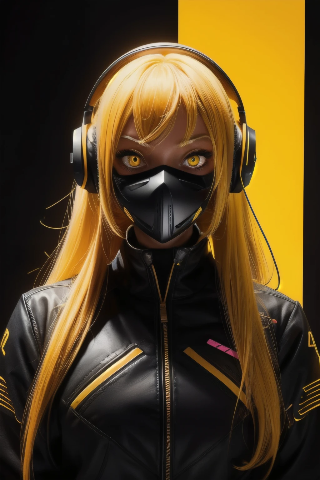 girl with long yellow hair, yellow eyes, futuristic vibes, mask on mouth, headphones, 8k, high quality, simple background, glowing eyes, nice pose