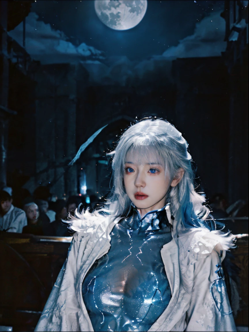 a girl inside the church with white hair and blue pupil surrounded by {many} glowing {feathers} in cold face, detailed face, night with bright colorful lights whith richly layered clouds and clouded moon in the detailed sky, {a lot of glowing particles}, high ponytail, mecha clothes, robot girl, cool movement, bodysuit, {filigree}, delicate and (intricate) hair, ((sliver)) and (broken) body, blue streaked hair, full body, Depth of field,