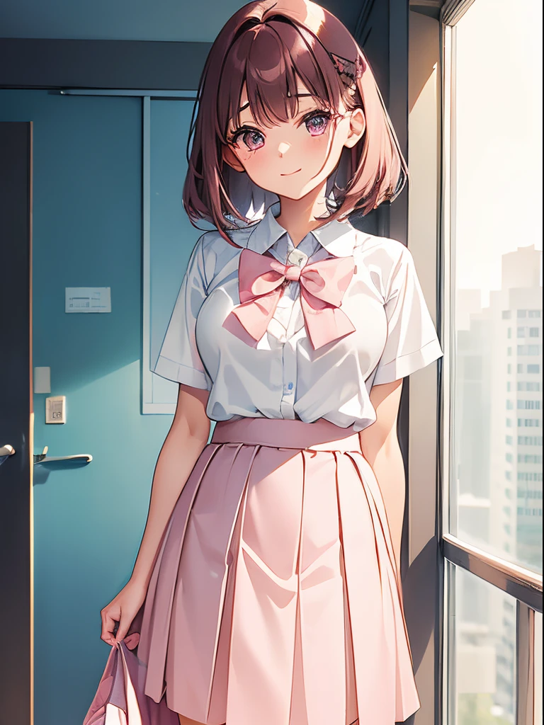 naughty woman, age 12, wearing uniform, light pink skirt, long skirt, wearing shirt, close up, anime, anime movie, twinkle smile, light pink eyes, brown bob hair