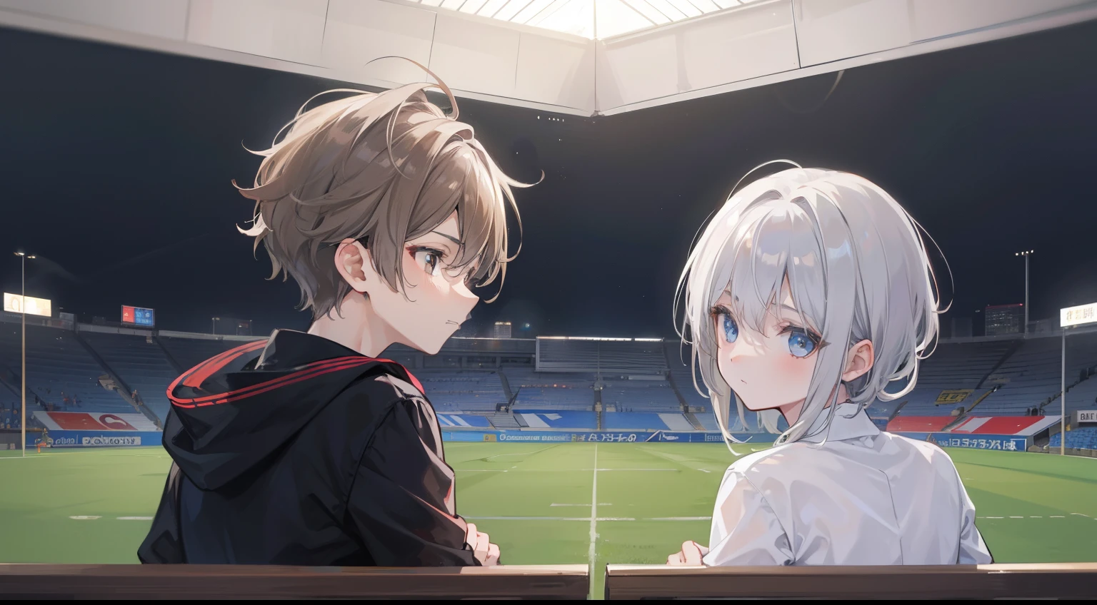 Two Boys, Silver-haired boy and brown-haired boy,Watching Soccer、Talking、hight resolution、ultra-detailliert