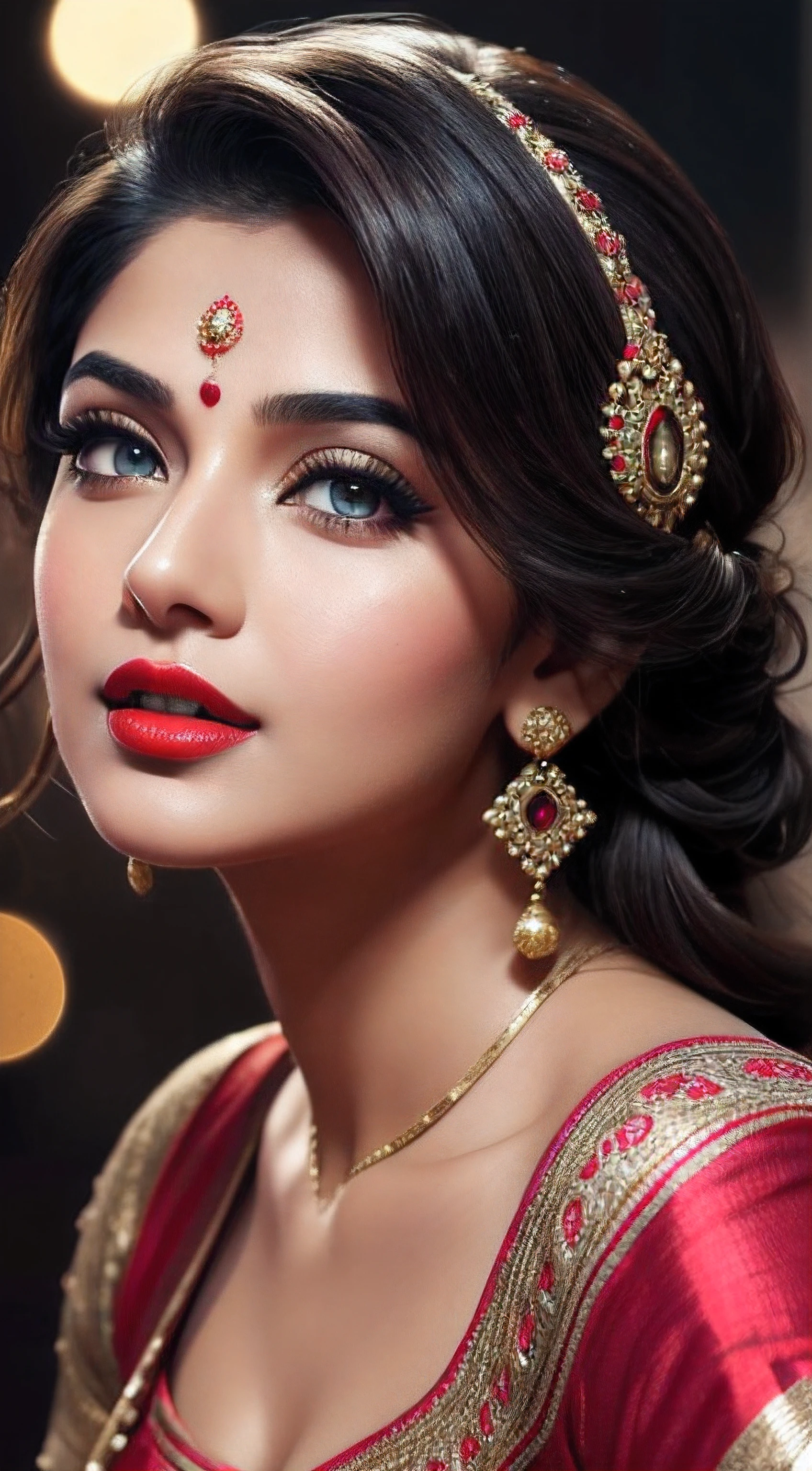 perfect pink eyes, fantastic face, Indian, beautiful look, ((red lips, bright eyes, curve heir 1.5)), ((beautiful details very big breast )), (Straight round and ultra huge clevage, not sagging breast), A glorious gorgeous, glorious gorgeous face, pretty face, bright eyes, detailed elegant printed red saree, updo elegant hair, blurred gray tones background, ultra focus, face ilumined, face detailed, 8k resolution, painted, dry brush, brush strokes, razumov style and garmash style, by Tokaito, ((Full Open ))