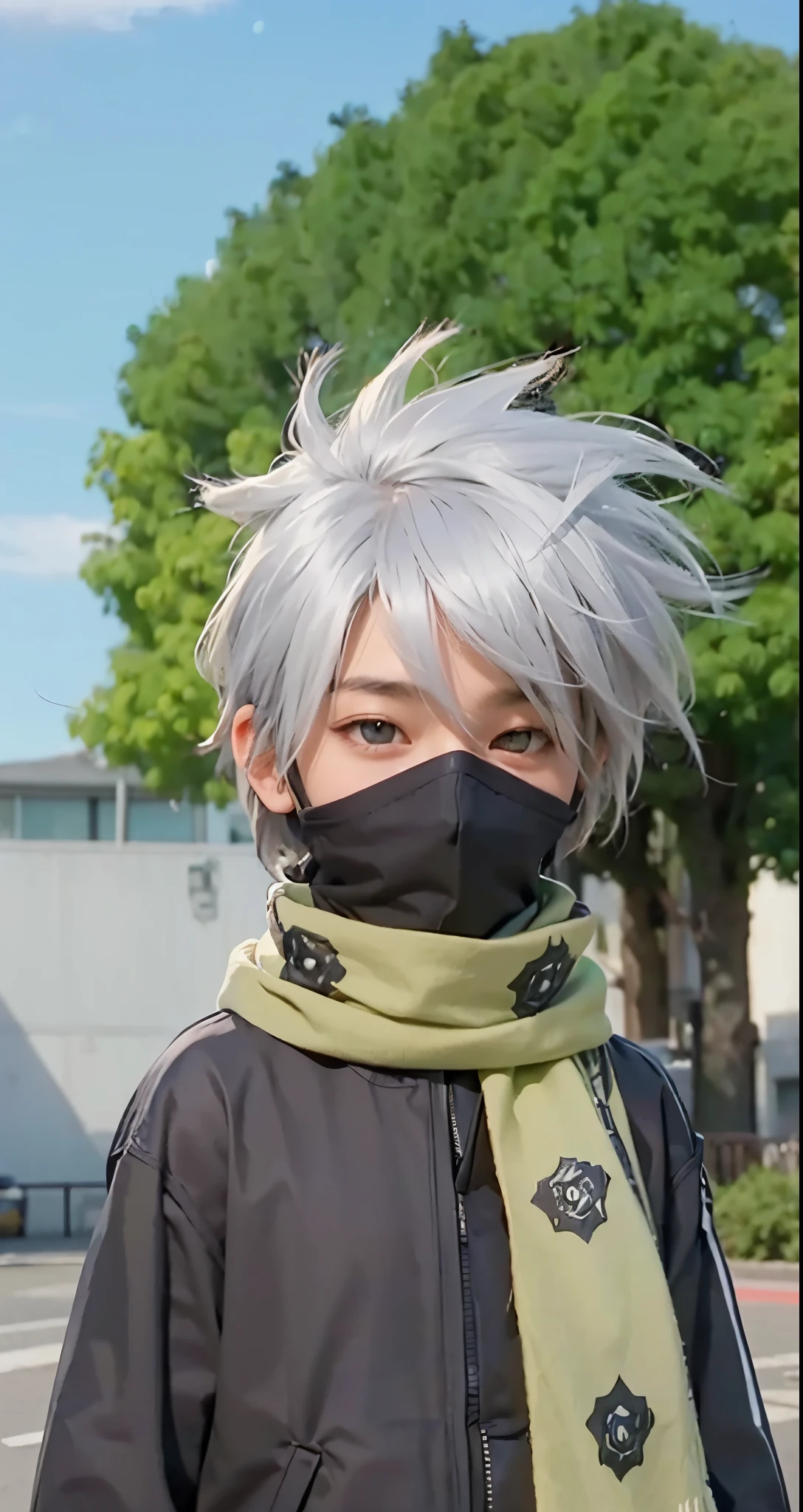 Real life adaption of this character ,The handsome face of a boy, realistic same hair , (realistic same outfit), realistic background , realistic light, realistic shadow, realism, hyper realistic,(photorealistic:1.2), normal small eyes,wear realistic same scarf,his left eyes is covered by hair