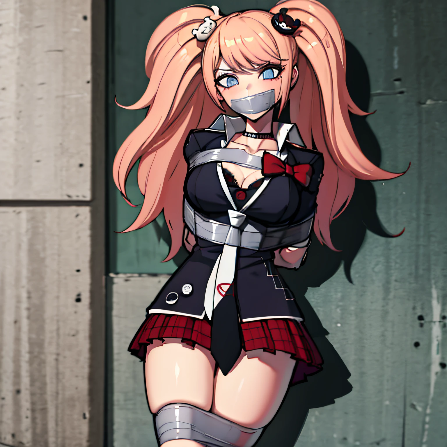 (absurdres, 8k, 4k, masterpiece, hyper extreme detailed:1.2), solo, front view portrait, best quality, portrait, solo, adult, cowboyshot, perfect anatomy, 1girl, perfect face, expressive eyes, perfect eyes, t-shirt, standing up, standing against wall, standing, junko enoshima, long hair, 1girl, hair ornament, twintails, solo, breasts, blue eyes, cleavage, bow, bear hair ornament, necktie, blonde hair, smile, bangs, large breasts, looking at viewer, collarbone, shirt, nail polish, red bow, black shirt, underwear, bra, skirt, choker, black bra, sleeves rolled up, white necktie, hands behind back, pleated skirt, red skirt, miniskirt, upper body, school uniform, pink hair, boots, plaid skirt, blush, plaid, bound, bondage, (arms behind back:1.4), bdsm, tape gag, tape, tape bondage, close-up, restrained, best anatomy, half body, taped thighs, taped legs, legs together, tape wrapped, wrap gag, tightly bound, tape wrapped around face, tape above breasts, tape below breasts,