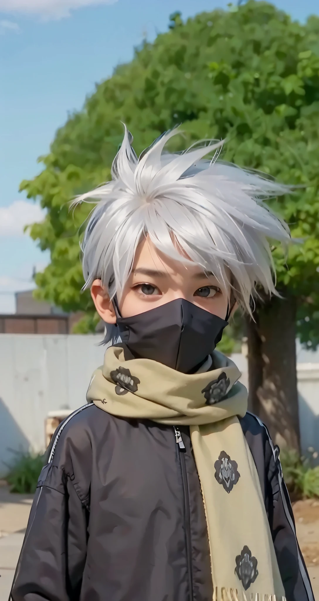 Real life adaption of this character ,The handsome face of a boy, realistic same hair , (realistic same outfit), realistic background , realistic light, realistic shadow, realism, hyper realistic,(photorealistic:1.2), normal small eyes,wear realistic same scarf