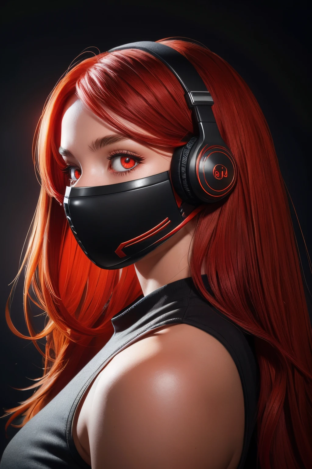 girl with long red hair, red eyes, futuristic vibes, mask on mouth, headphones, 8k, high quality, simple background, glowing eyes, nice pose