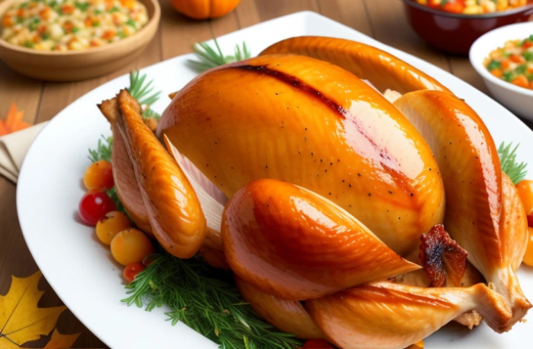 (best quality,4k,8k,highres,masterpiece:1.2), succulent roast turkey, delicious roast turkey, beautifully cooked turkey, Thanksgiving feast, appetizing, stuffed turkey, traditional Thanksgiving food, autumn colors, Thanksgiving gathering, mouthwatering
