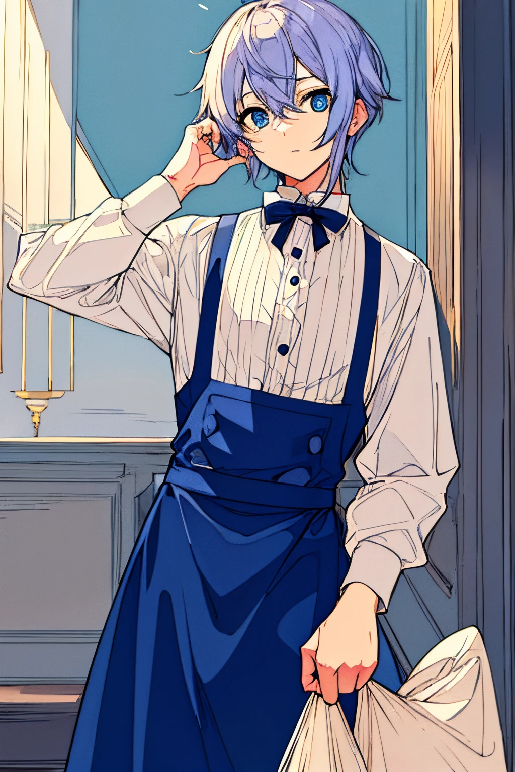 One guy、pastel light blue eyes、light bege hair、Character inspired by Pescatore、calm and thoughtful personality、Waiter's clothes、Standing picture