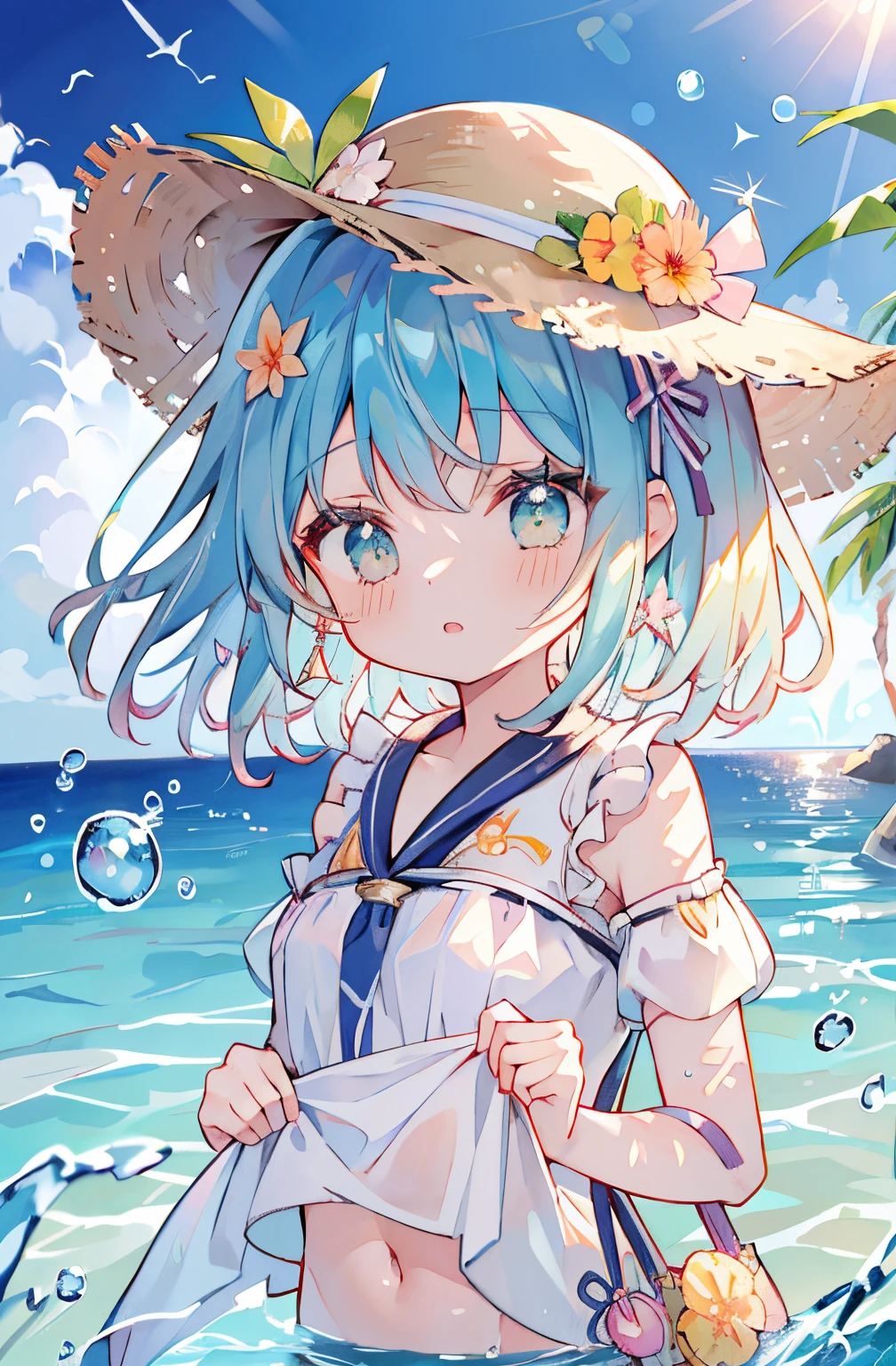 absurderes, hight resolution, (Anime style:1.1), ((masutepiece)), ((Best Quality)), (Ultra-detailed), (Beautiful),Beautiful face、(liftup), s、suns、with light glowing、Mare、Swimming in the sea、a straw fedora hat、swim wears(swim wears)、background sun、((((suns))))