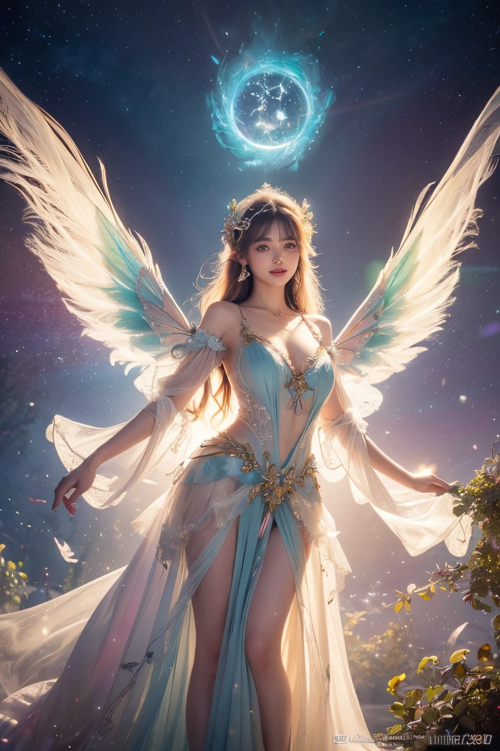 1girl, 23 years old, standing regal with open hands, symmetrical and fractal, multi-color pastel long hair, colorful (1.2), lies in a bird's nest and hatches (1.2), perfect face, sexy linagerie, oil smooth skin, kinky and sexy smile, looking at the viewer, fairy wings, Big fairy wings, multi color pastel feather wings, fairy vibe , background of mystic realm and magic, the particles of magic light with multi color , wind forming particles in seamless fractal pattern, warm light, epic scene , HDR+, extreme detailed ,Nikon D850, masterpiece, devianart, photo-real painting