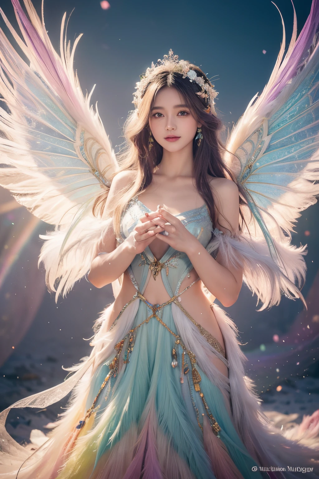 1girl, 23 years old, standing regal with open hands, symmetrical and fractal, multi-color pastel long hair, colorful (1.2), lies in a bird's nest and hatches (1.2), perfect face, sexy linagerie, oil smooth skin, kinky and sexy smile, looking at the viewer, fairy wings, Big fairy wings, multi color pastel feather wings, fairy vibe , background of mystic realm and magic, the particles of magic light with multi color , wind forming particles in seamless fractal pattern, warm light, epic scene , HDR+, extreme detailed ,Nikon D850, masterpiece, devianart, photo-real painting