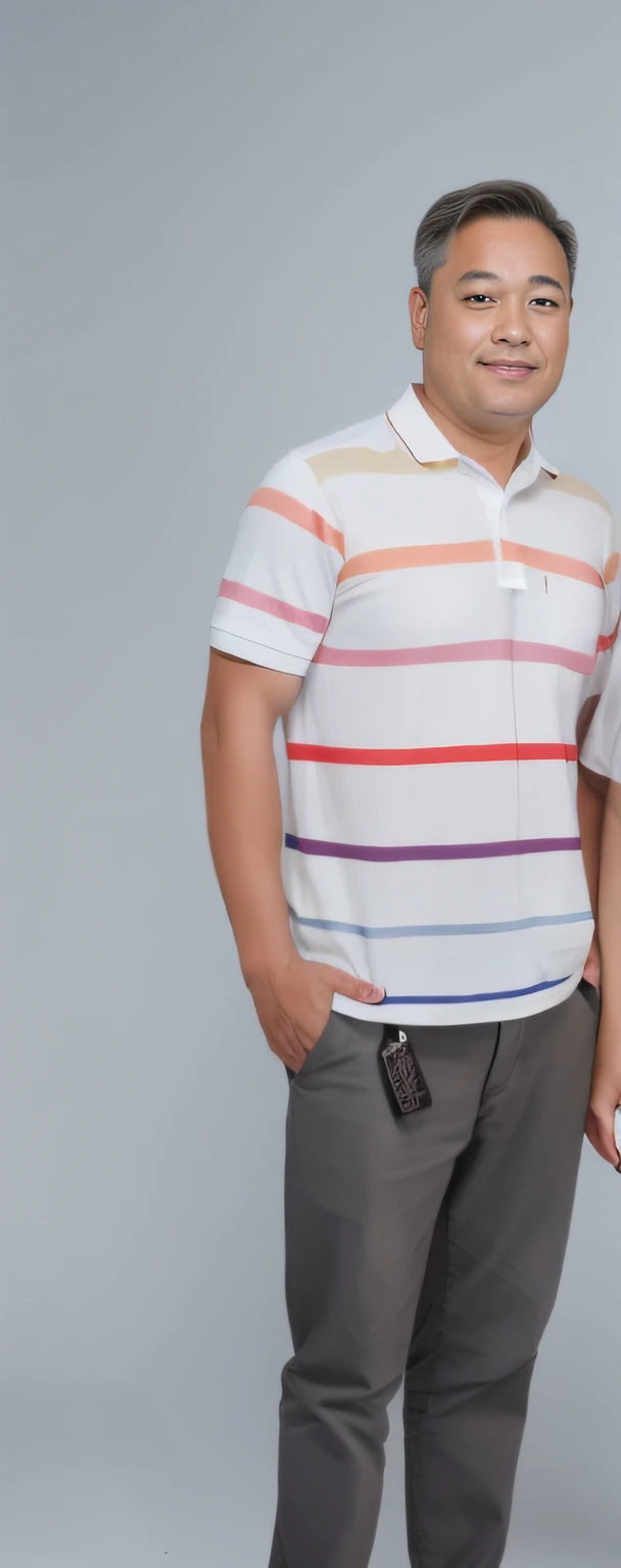 They are taking a photo together in a studio with a gray background..., Wear a polo shirt..., short sleeves, Fashion casual clothing, Wear a striped shirt., Modern casual clothing, streaks, multicolored, many colors, Pastel clothes, streaks, many colors, collared shirt, multicolored, many colors, catalog photo, casual clothing, Clothing Photography, Clean and simple design