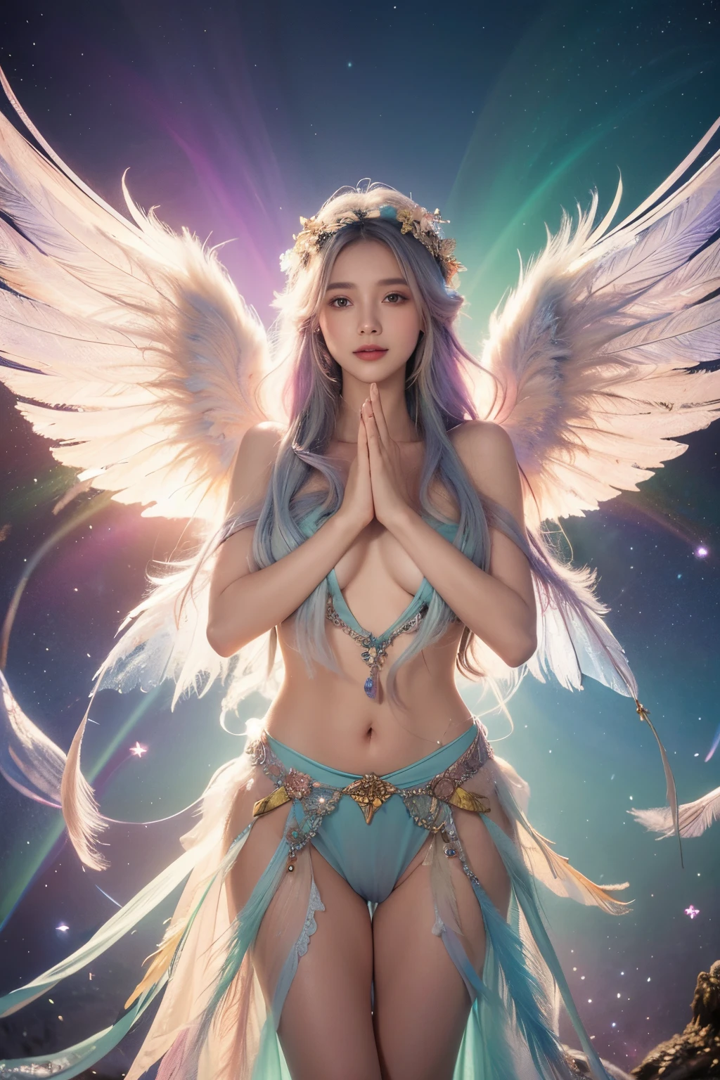 1girl, 23 years old, standing regal with open hands, symmetrical and fractal, multi-color pastel long hair, colorful (1.2), lies in a bird's nest and hatches (1.2), perfect face, sexy linagerie, oil smooth skin,  kinky and sexy smile, looking at the viewer, fairy wings, Big fairy wings, multi color pastel feather wings, fairy vibe , background of mystic realm and magic, the particles of magic light with multi color , wind forming particles in seamless fractal pattern, warm light, epic scene , HDR+, extreme detailed ,Nikon D850, masterpiece, devianart, photo-real painting