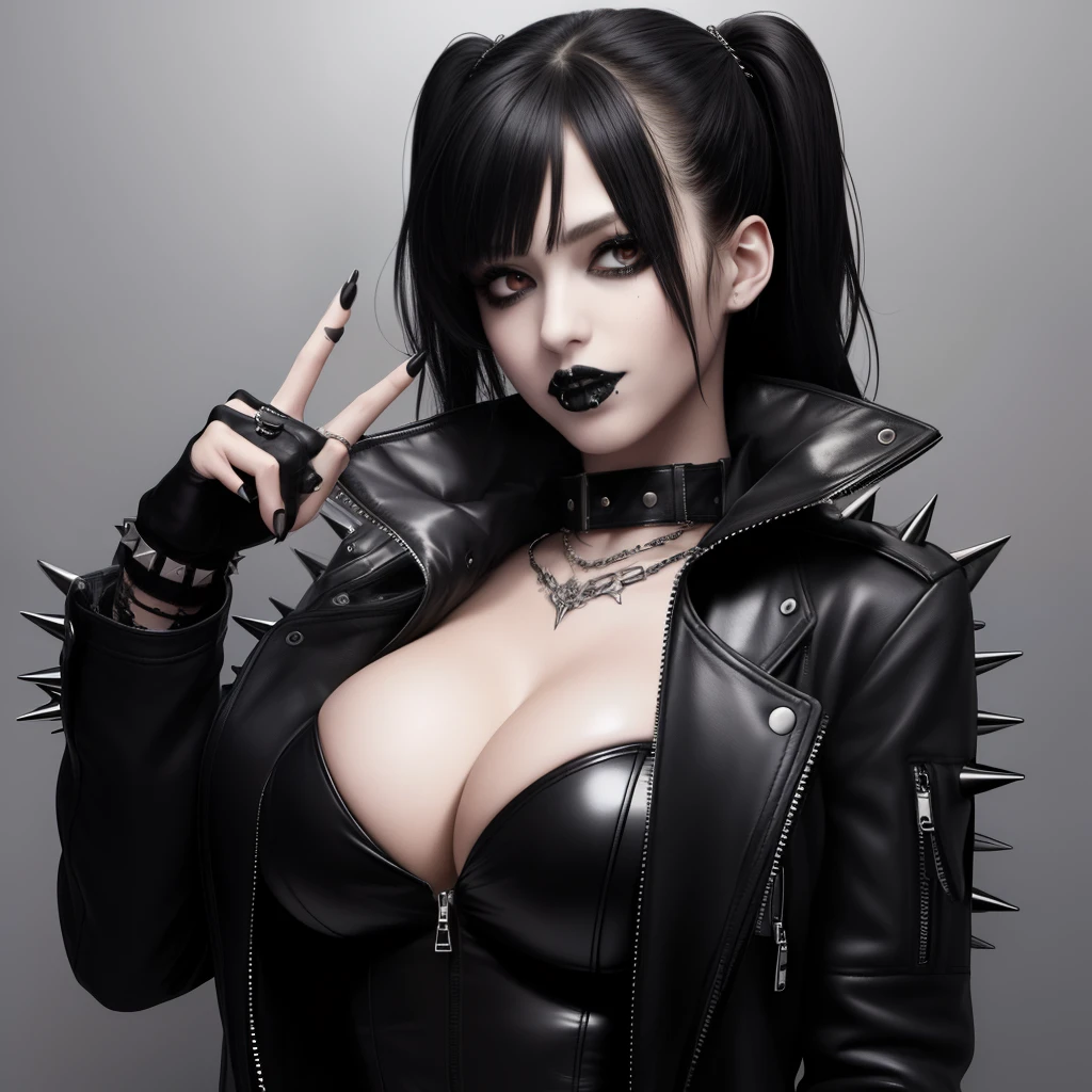 (masterpiece), (best quality), 1girl, goth clothing, spiked collar, fingerless gloves, jacket, black lipstick, big breasts