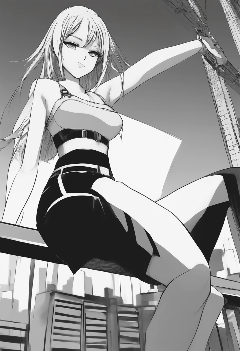 anime girl sitting on a ledge with her feet up, black and white manga style, black and white manga panel, the anime girl is crouching, black and white manga, giantess art, black and white manga page, giantess, ( ( misa amane # ) ), thick black lineart, mid view from below her feet, massive legs towering over you